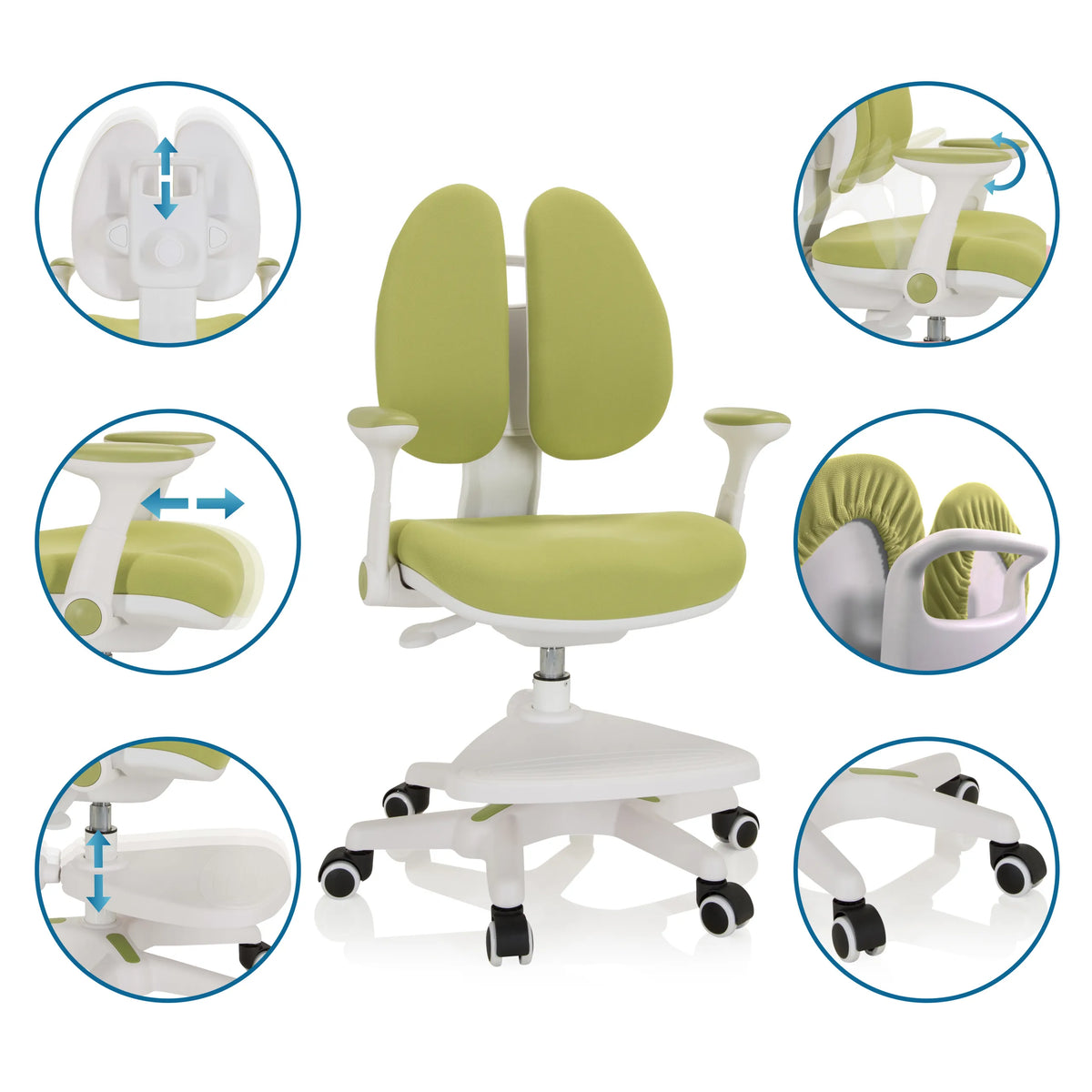 Chaise pour enfants KID WING en vert avec différentes vues détaillées des options de réglage de hjh OFFICE