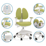 Chaise pour enfants KID WING en vert avec différentes vues détaillées des options de réglage de hjh OFFICE