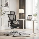 Siège de direction de luxe ERGOHUMAN SLIM GEN2 avec dossier en maille noir devant un bureau de hjh OFFICE (image générée par IA)
