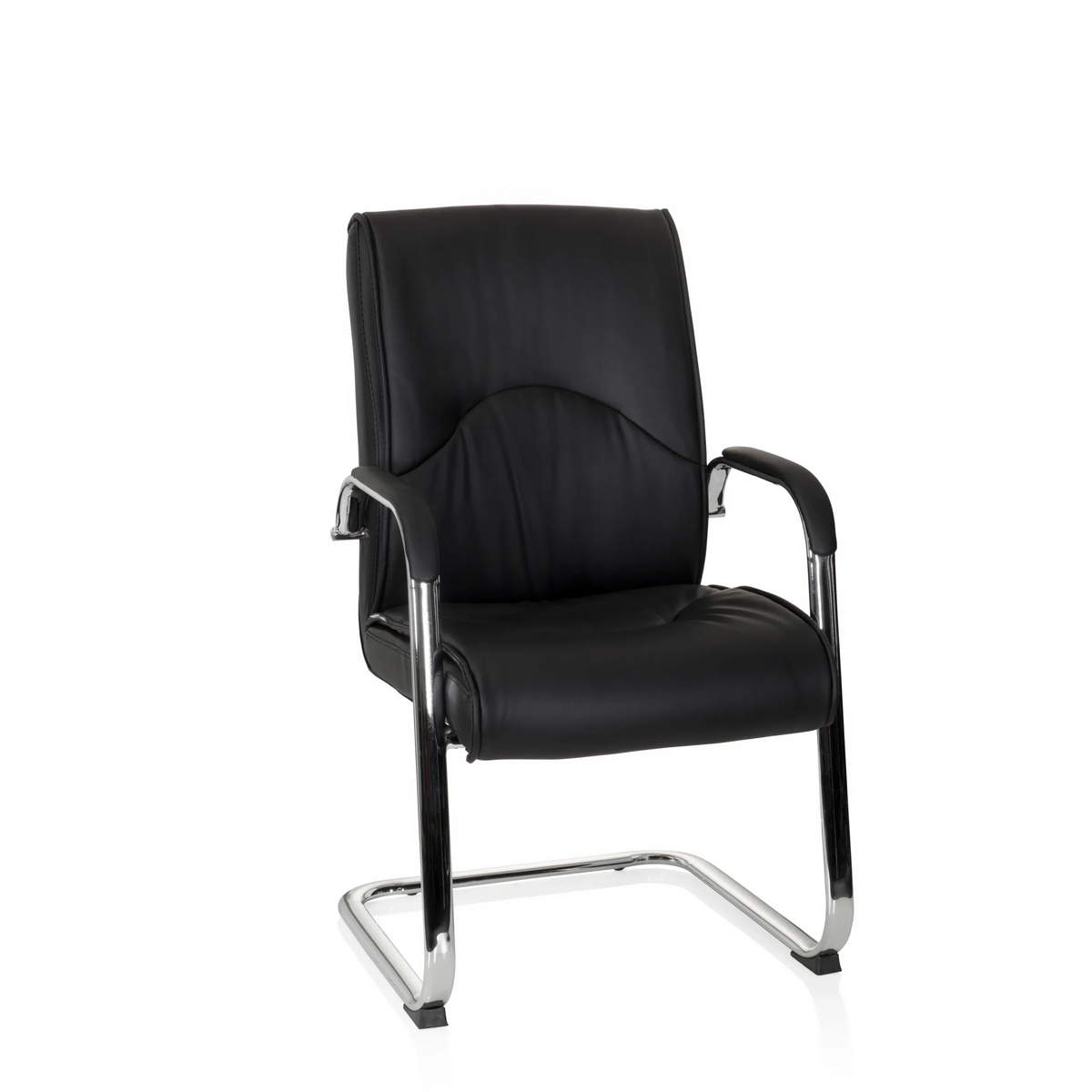Chaises cantilever SOVRANO V noire avec accoudoirs et piètement luge chromé de hjh OFFICE – vue à 360° (vue de face 20°)