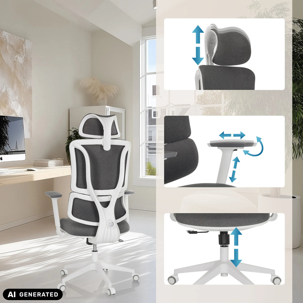 Appuie-tête, accoudoirs et hauteur d'assise réglables du siège de bureau à domicile ERGOMY WF de MyBuero (image générée par IA)