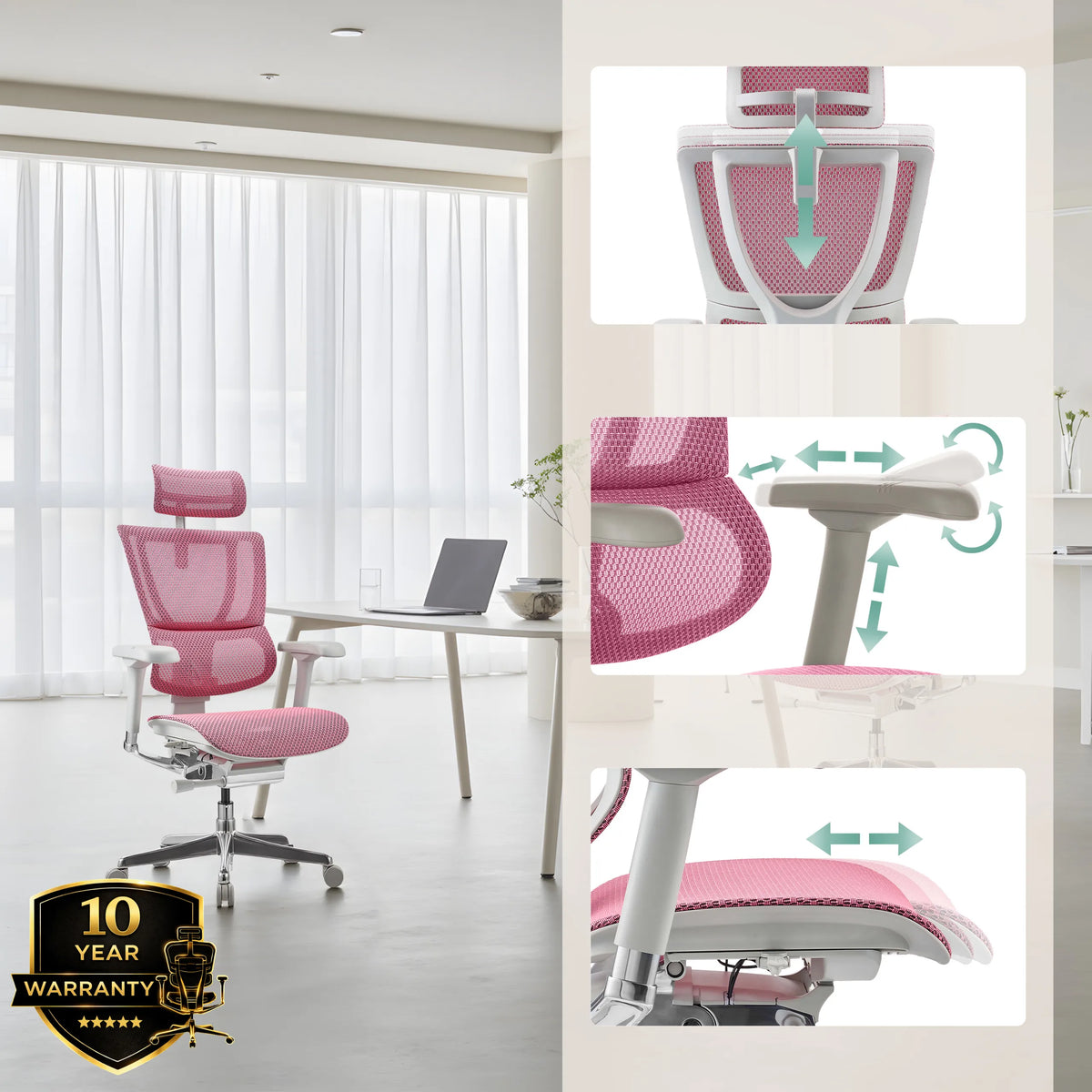 Fonctions réglables du siège de direction de luxe ERGOHUMAN SLIM G GEN2 en rose de hjh OFFICE (image générée par IA)