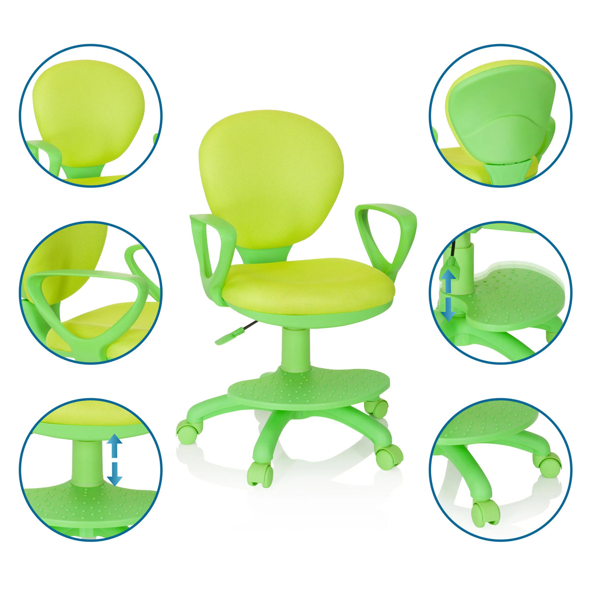 Chaise pivotante pour des enfants KID COLOUR verte avec différentes vues détaillées des possibilités de réglage de hjh OFFICE