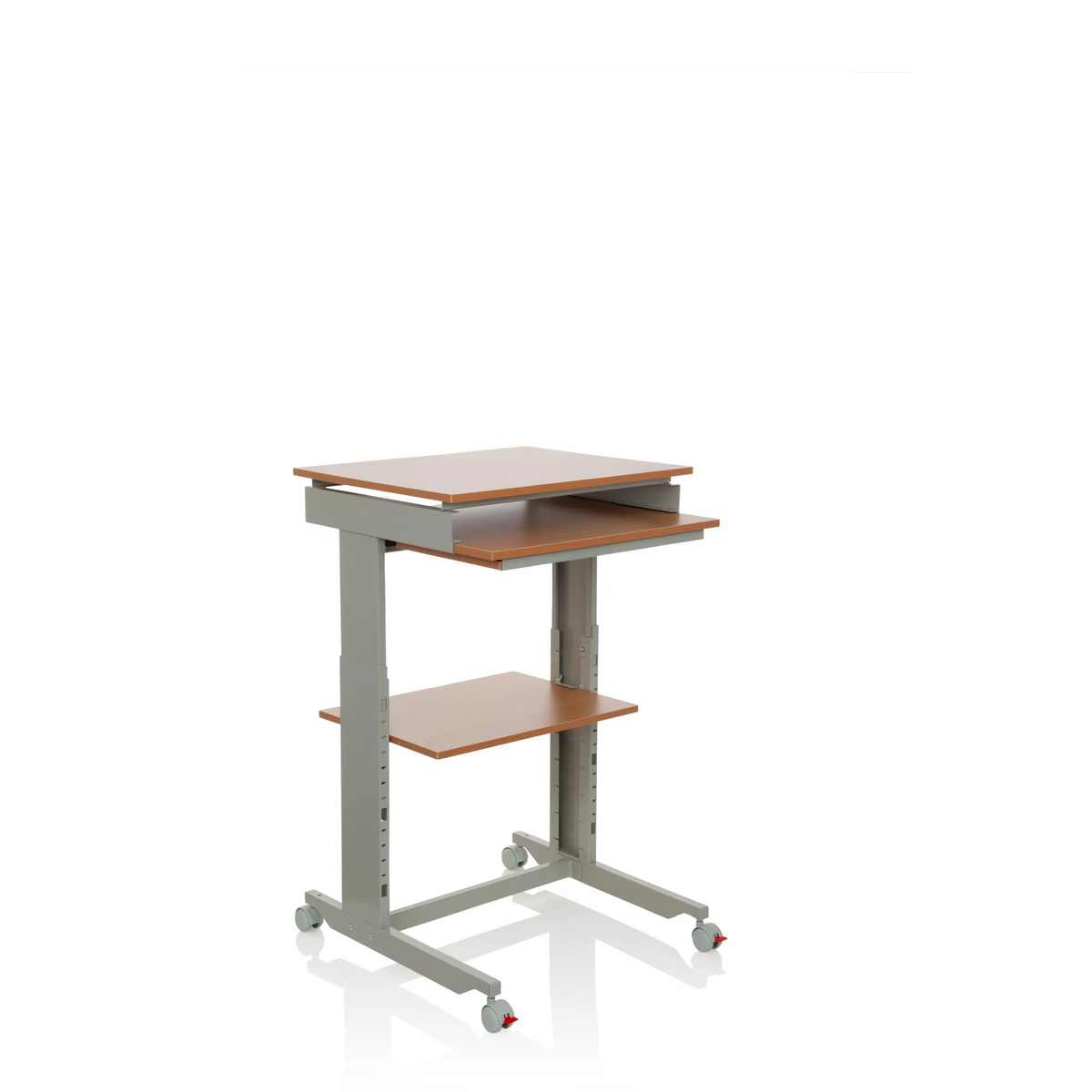 Bureau assis-debout WORKSTATION gris en hêtre avec surface de rangement et quatre roulettes de hjh OFFICE – vue à 360° (vue de trois quarts avant 40°)
