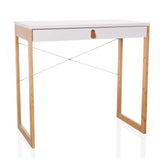 Bureau blanc TAROLO II avec un tiroir, poignée en cuir marron et pieds en bois de hjh LIVING – vue à 360° (vue de face 15°)
