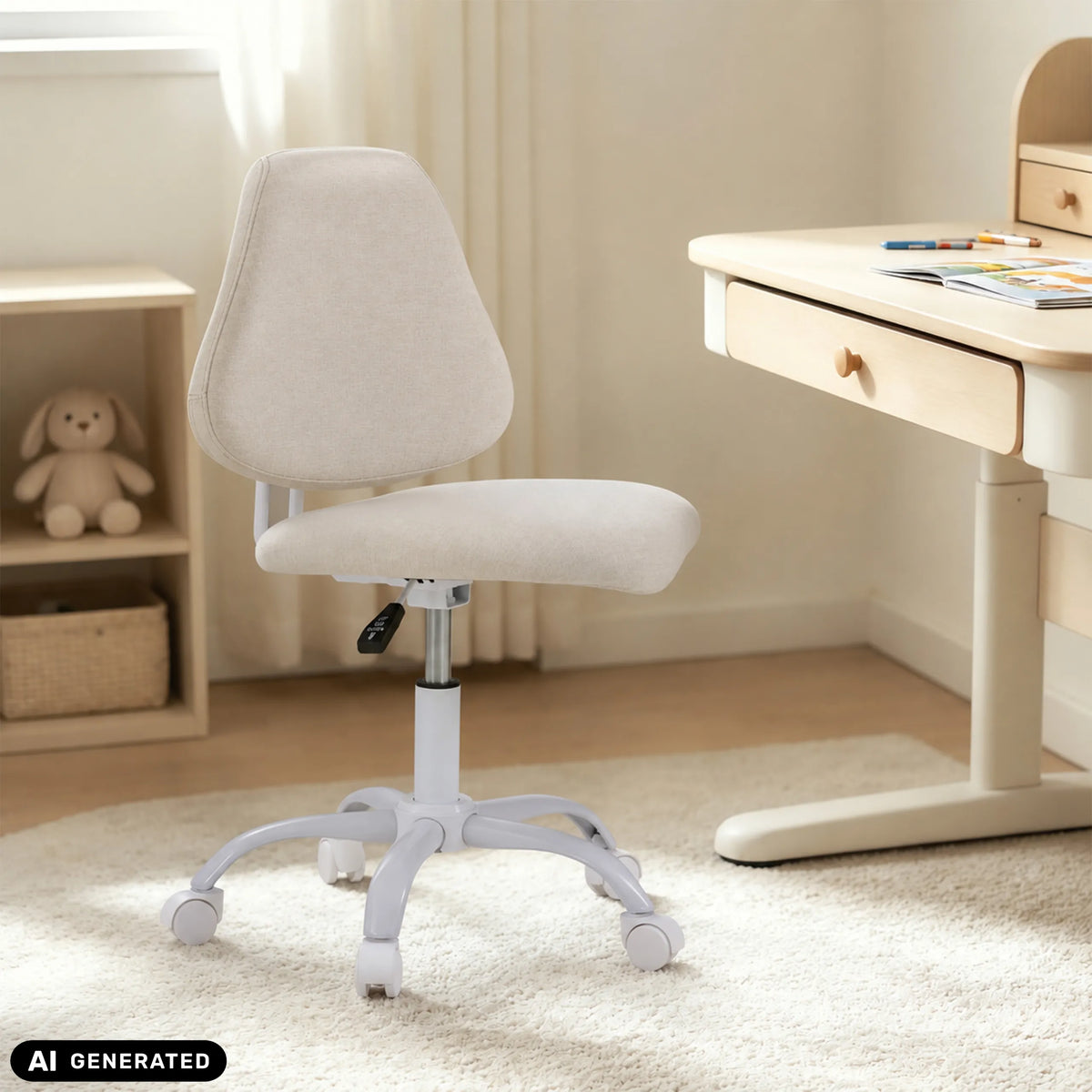 Chaise pivotante pour enfants Lumikid beige avec roulettes et vérin à gaz de hjh OFFICE (image générée par IA)