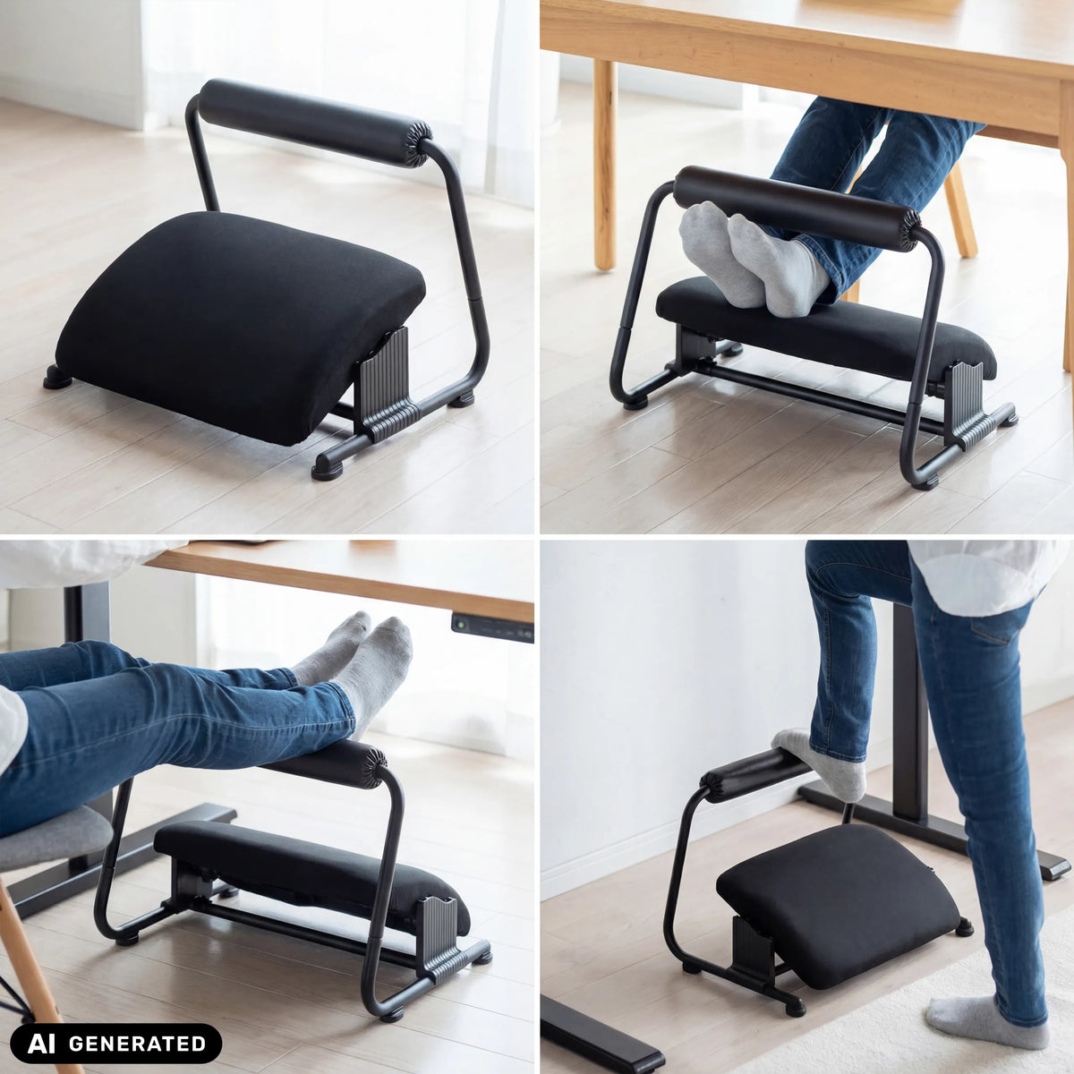 Repose-pieds réglable Podi Velvet en noir dans différentes positions de hjh OFFICE (image générée par IA)