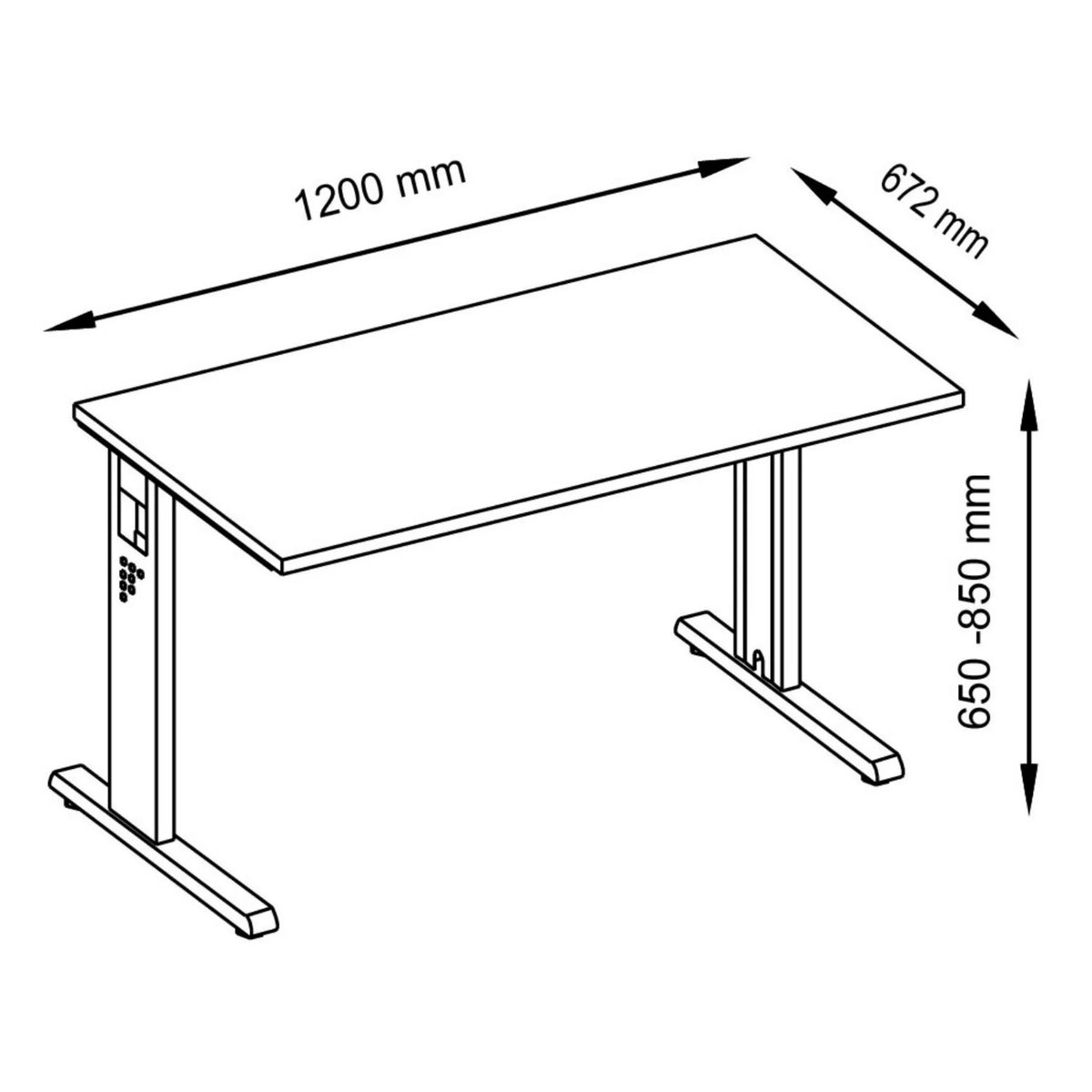 Maßzeichnung des höhenverstellbaren Schreibtischs MEGA 612 W mit 1200 x 672 mm Arbeitsfläche von hjh OFFICE PRO