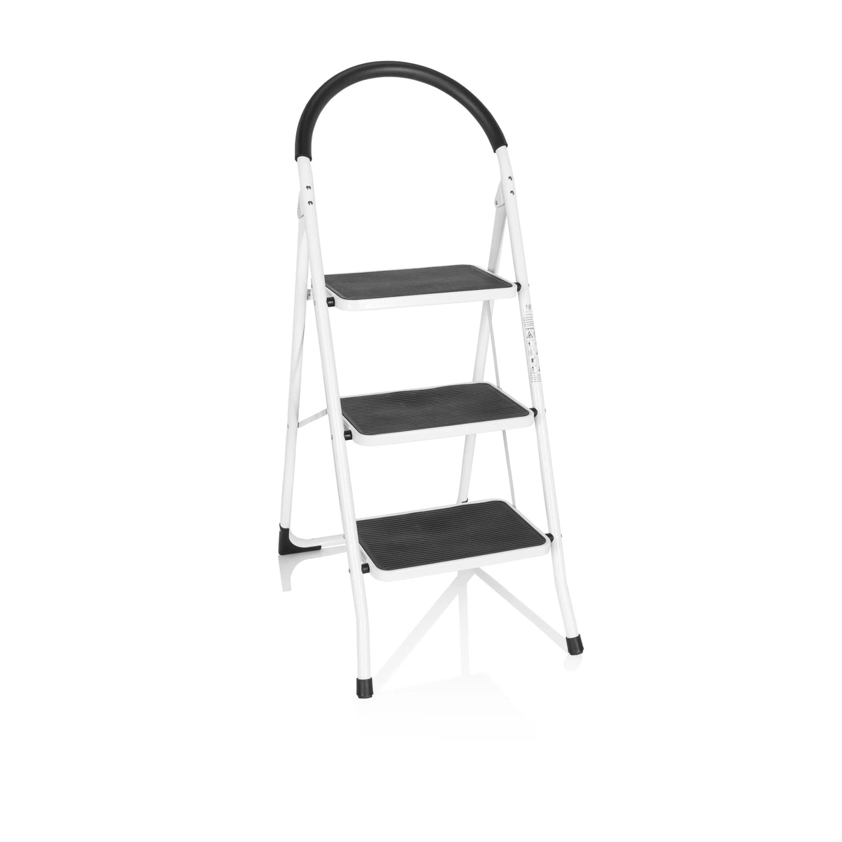 Échelle pliante blanche SOLID W2 avec trois marches et une poignée de sécurité de hjh OFFICE – vue à 360° (vue de face 20°)