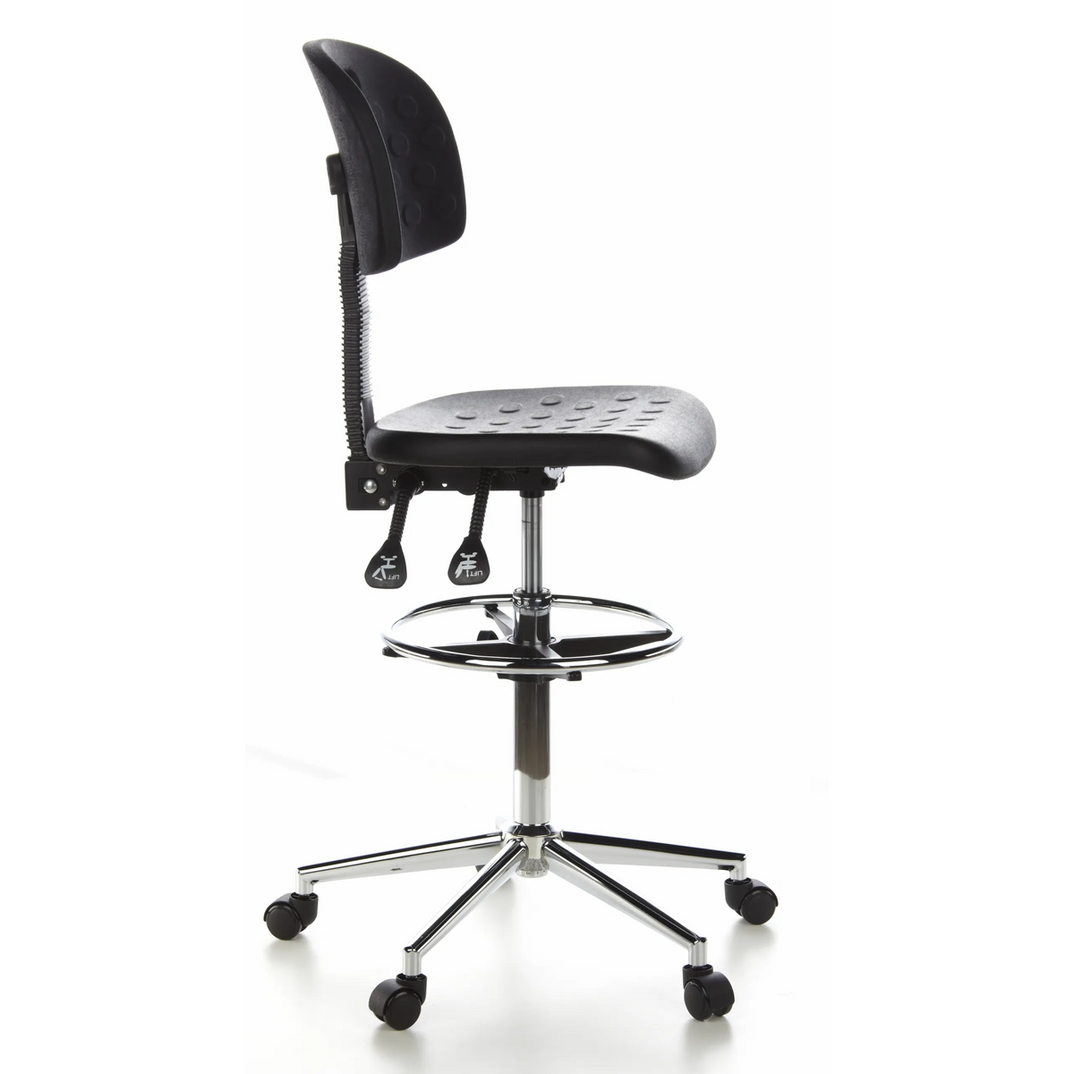 Chaise de comptoir noire TOP WORK 23 avec repose-pieds et piètement à cinq roulettes de hjh OFFICE – vue à 360° (vue de profil 80°)