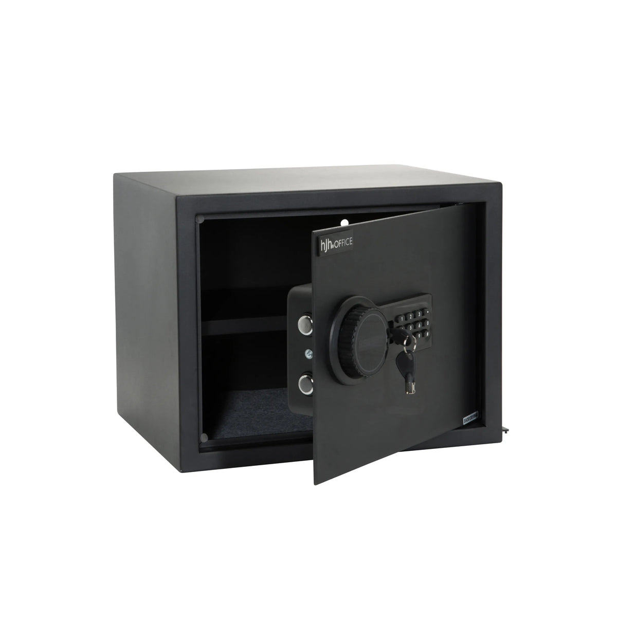 Coffre-fort noir SAFE COMPACT avec clavier numérique et poignée rotative de hjh OFFICE – vue à 360° (vue de trois quarts arrière 120°)