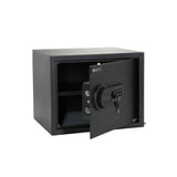 Coffre-fort noir SAFE COMPACT avec clavier numérique et poignée rotative de hjh OFFICE – vue à 360° (vue de trois quarts arrière 120°)