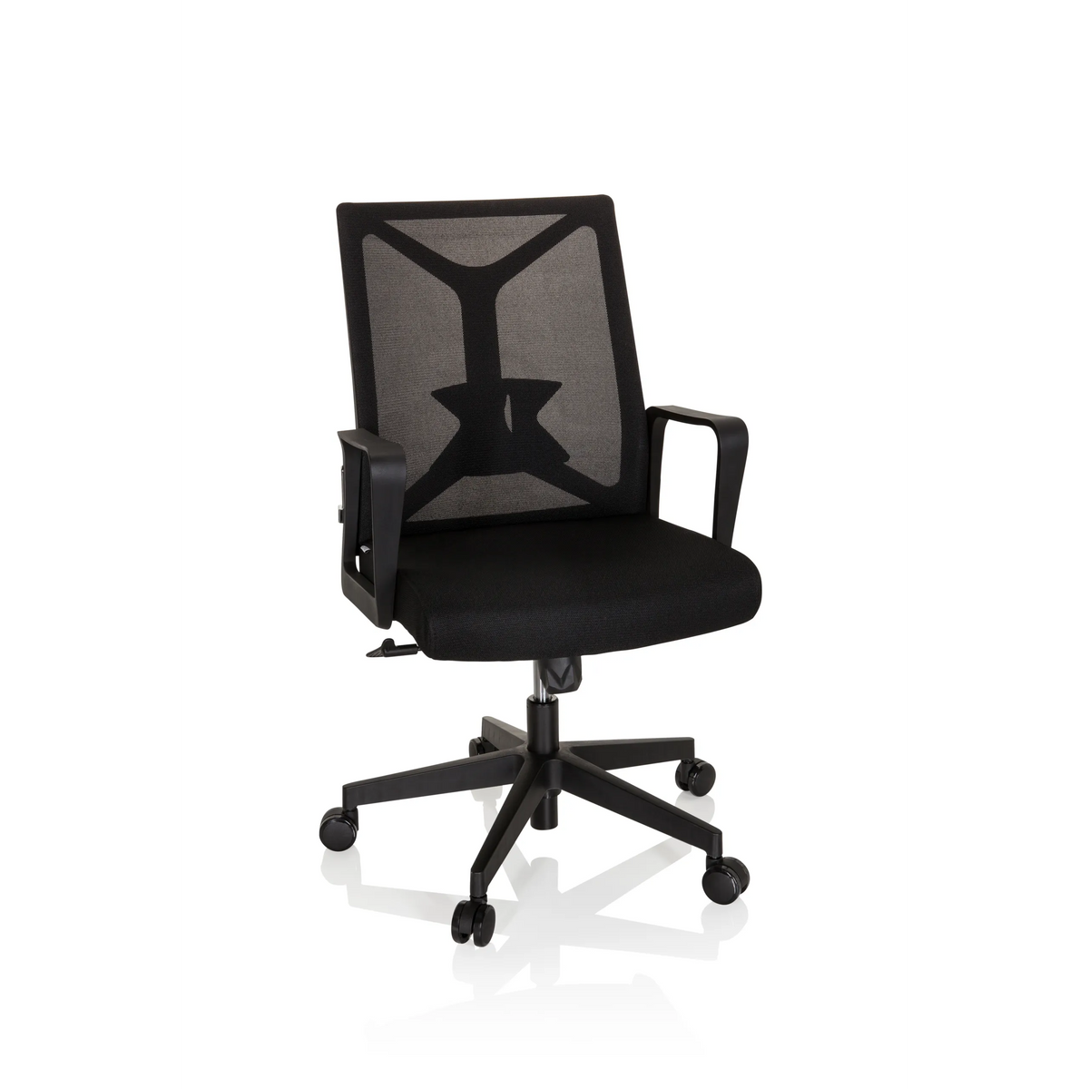 Siège de bureau à domicile ENCO noir avec dossier en maille et base à cinq roulettes de hjh OFFICE – vue à 360° (vue de face 20°)