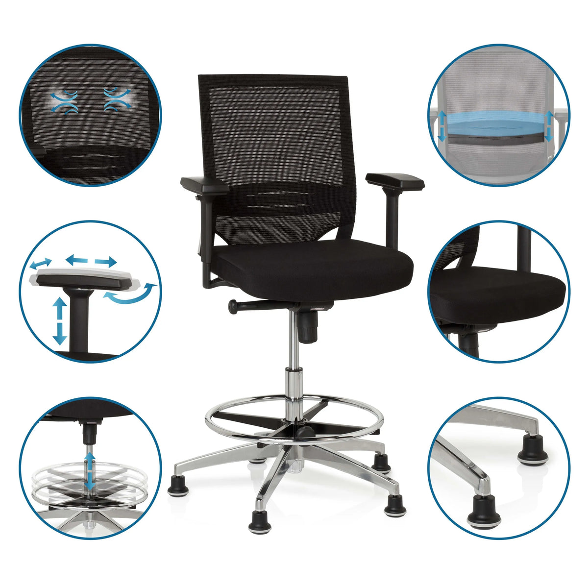 Chaise de comptoir TOP WORK 77 noire avec dossier en maille, repose-pieds et patins de hjh OFFICE