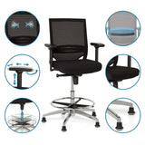 Chaise de comptoir TOP WORK 77 noire avec dossier en maille, repose-pieds et patins de hjh OFFICE