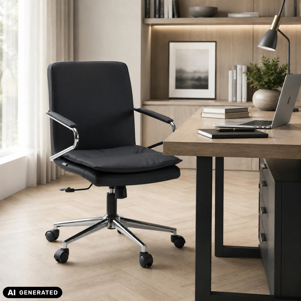 Siège de bureau à domicile Rovento noir avec accoudoirs et pied en étoile à roulettes de hjh OFFICE (image générée par IA)