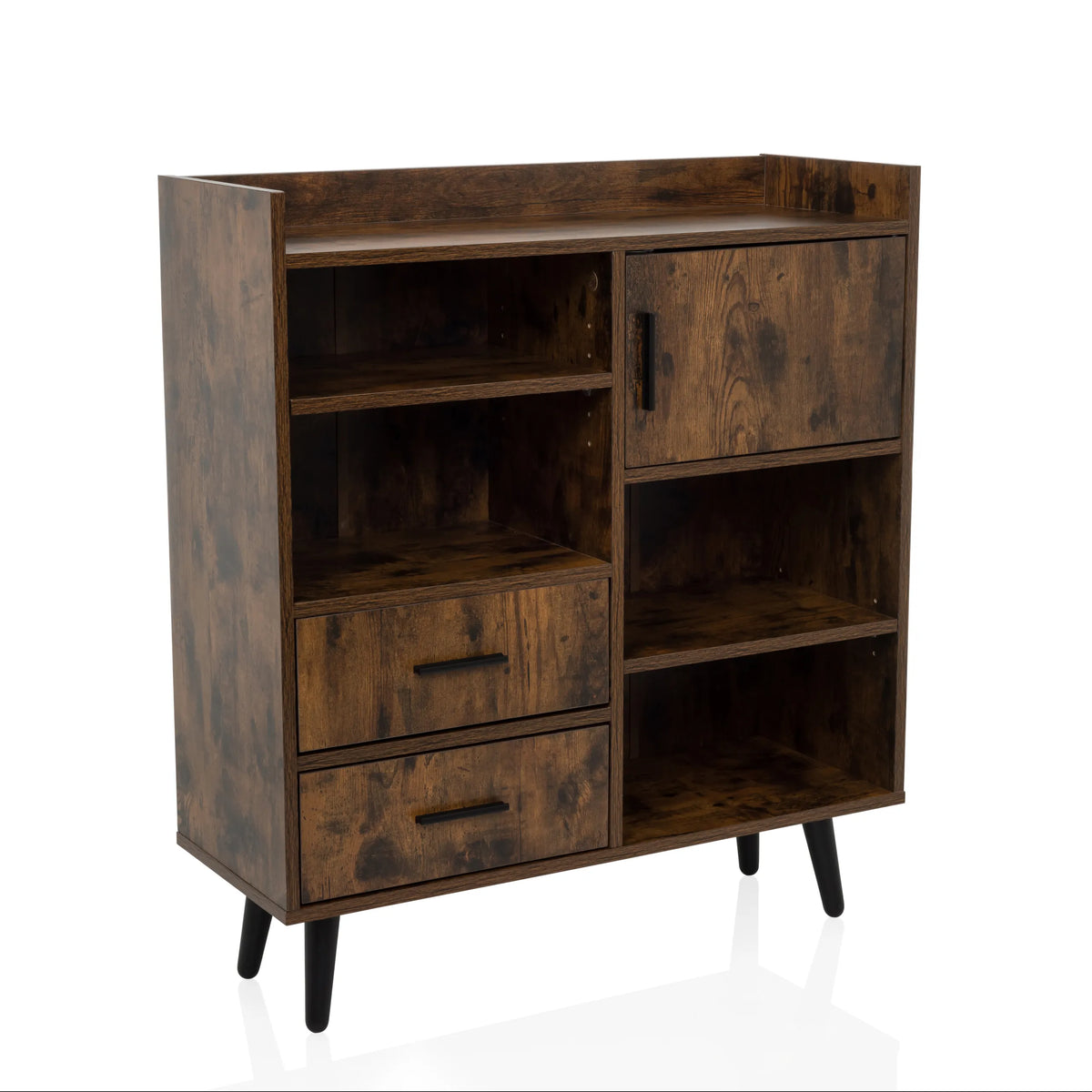 Commode marron MYRDAL avec niches ouvertes, deux tiroirs et pieds noirs de hjh LIVING – vue à 360° (vue de trois quarts avant 30°)