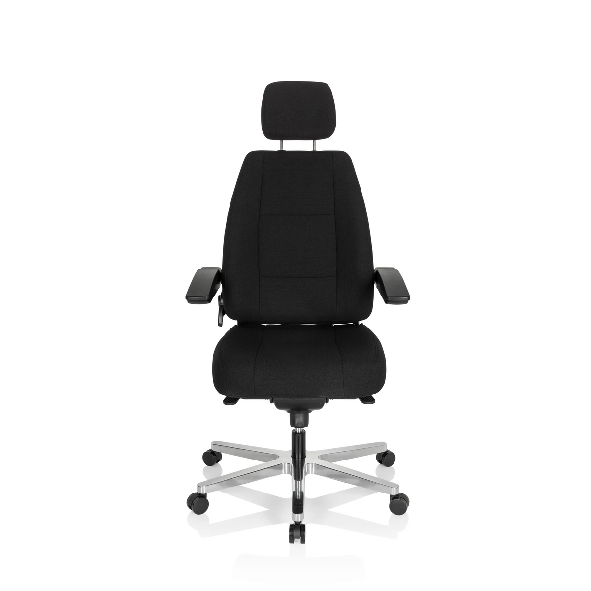 Siège pivotant XXL 24 HOURS I noir avec appuie-tête et étoile à cinq roulettes de hjh OFFICE – vue à 360° (vue de face 0°)