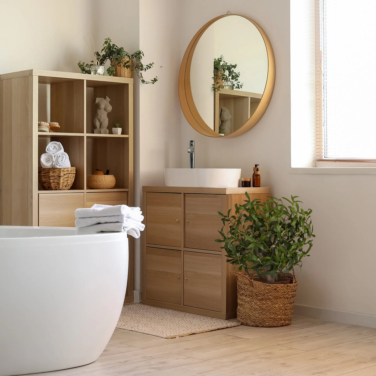 Plante artificielle verte Olive S dans un panier tressé à côté d'un meuble de salle de bain de hjh OFFICE