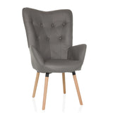 Fauteuil rembourré gris HAVENIO I avec capitonnage, accoudoirs et quatre pieds en bois de hjh LIVING – vue à 360° (vue de face 15°)