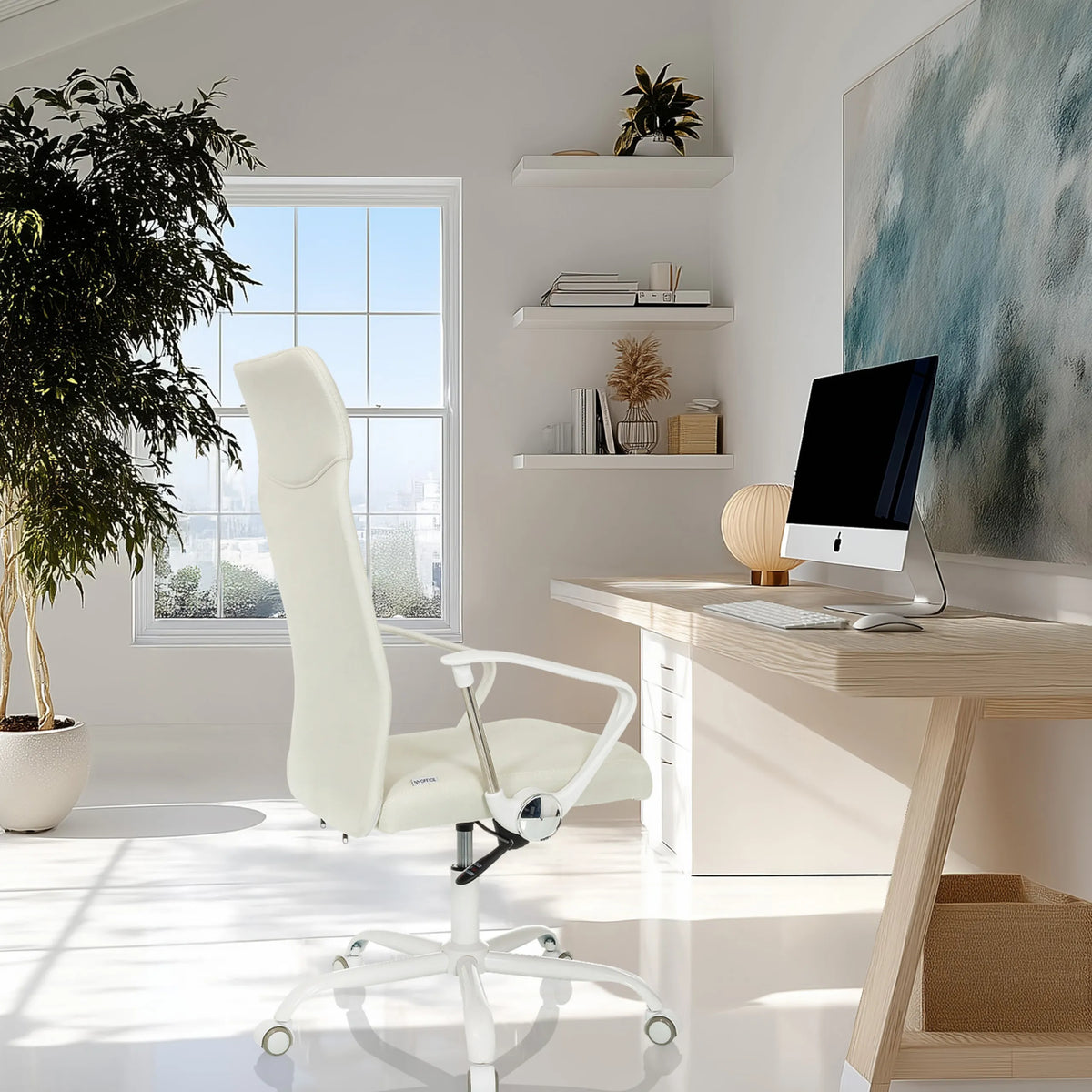 Siège de bureau à domicile STRYKA W beige avec accoudoirs blancs et piètement à roulettes de hjh OFFICE