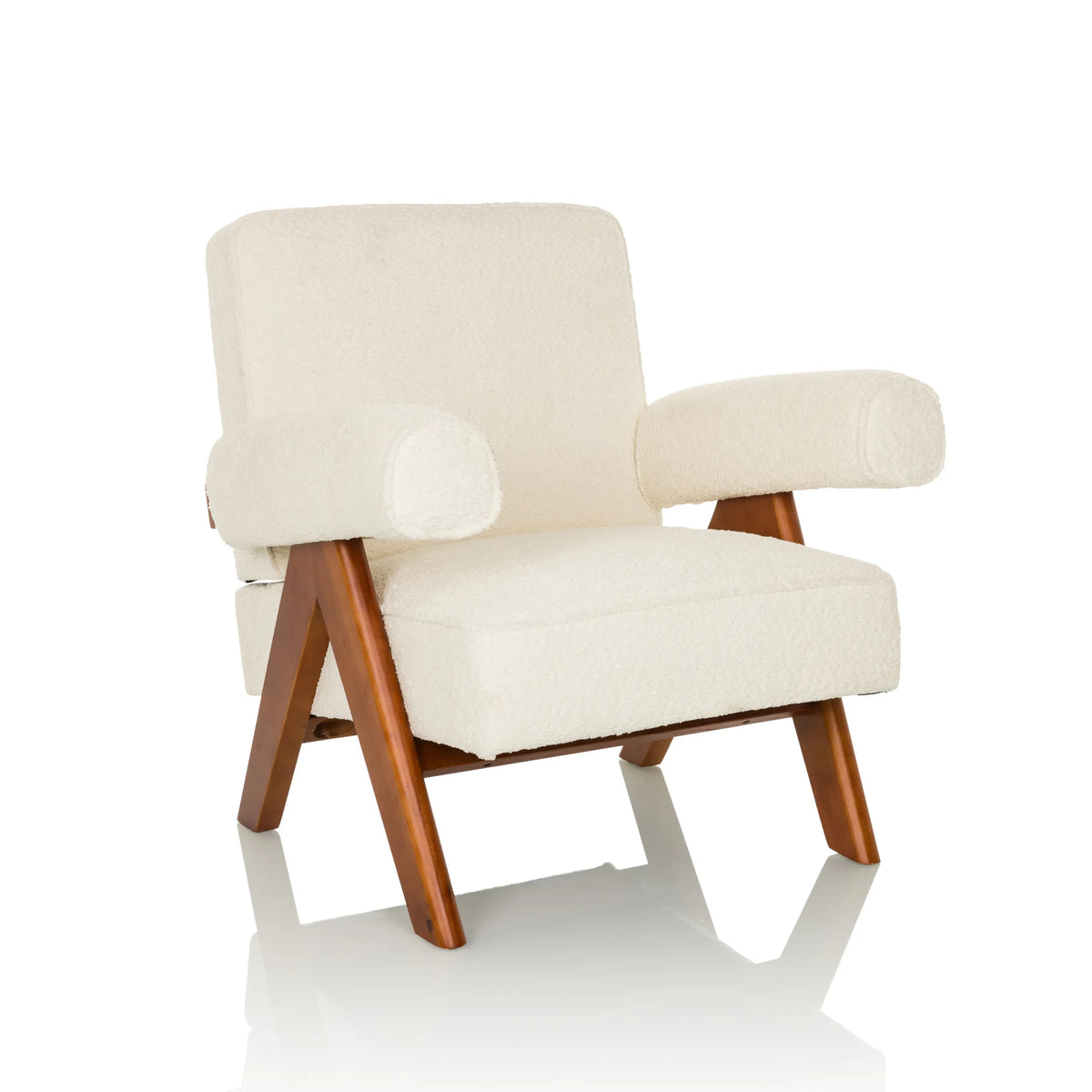 Fauteuil de salon POOLY blanc avec revêtement texturé et pieds en bois foncé de hjh LIVING – vue à 360° (vue de trois quarts avant 30°)