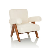 Fauteuil de salon POOLY blanc avec revêtement texturé et pieds en bois foncé de hjh LIVING – vue à 360° (vue de trois quarts avant 30°)
