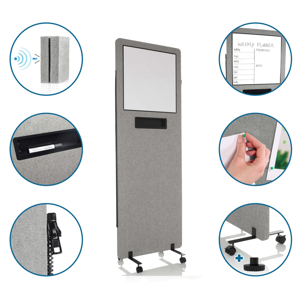 Cloison de séparation FLEXMIUT WB gris clair avec tableau blanc, porte-stylos, roulettes et matériau phono-absorbant de hjh OFFICE