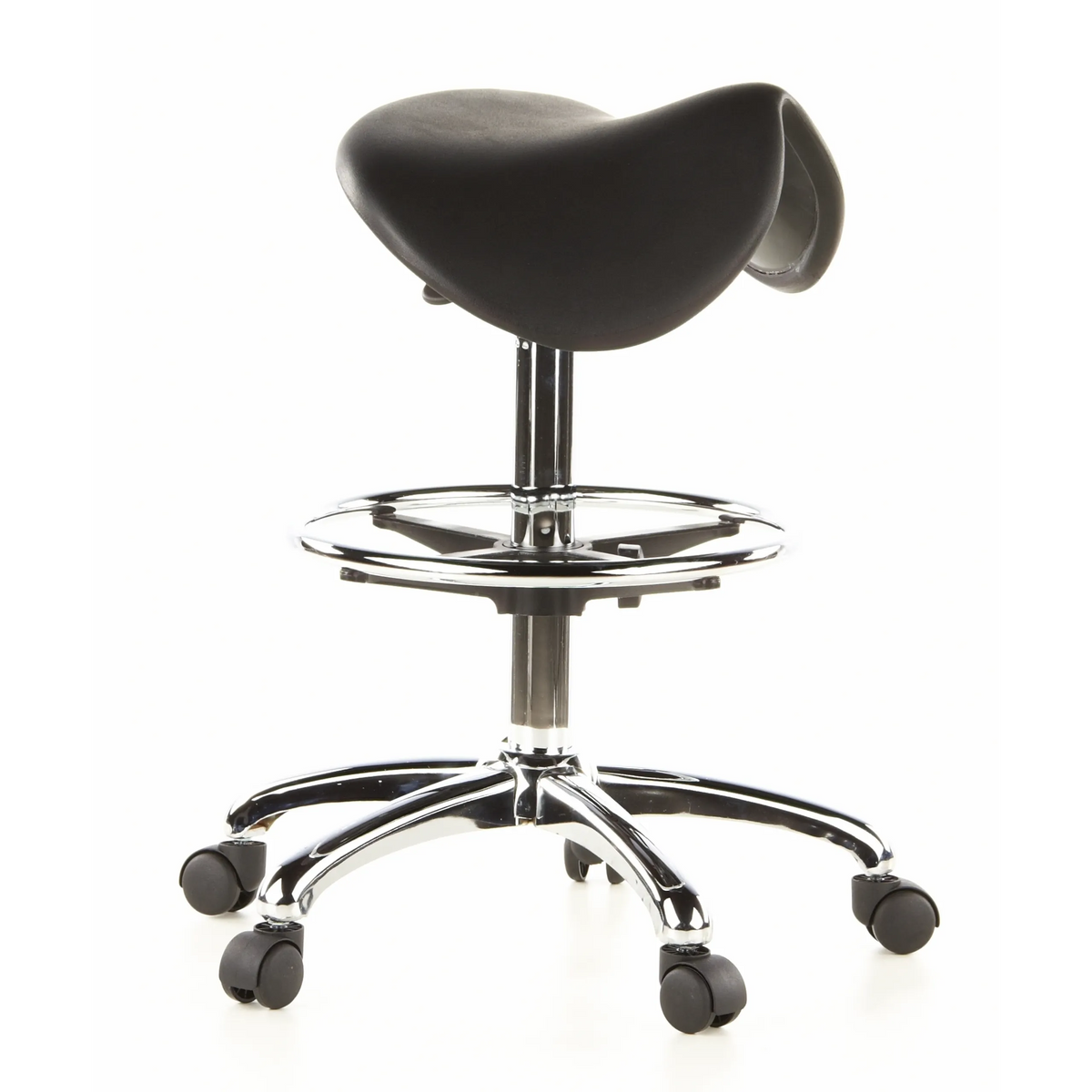 Tabouret de selle TOP WORK 13 noir avec repose-pieds et base à cinq roulettes de hjh OFFICE – vue à 360° (vue de trois quarts avant 60°)