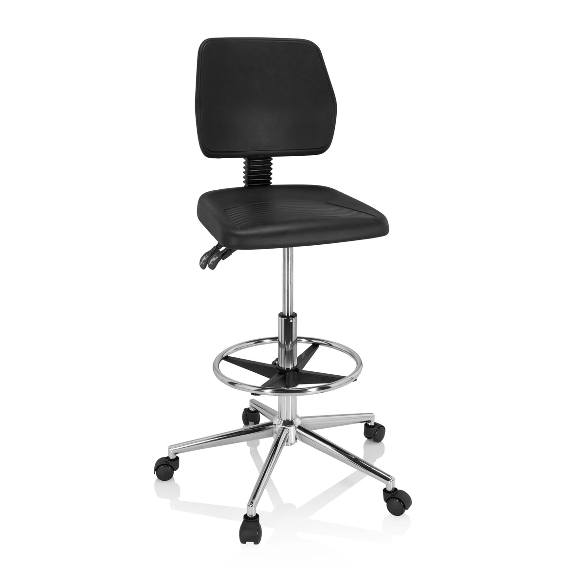 Chaise de comptoir noire TOP WORK 11 I avec repose-pieds et base à cinq roulettes de hjh OFFICE – vue à 360° (vue de face 20°)