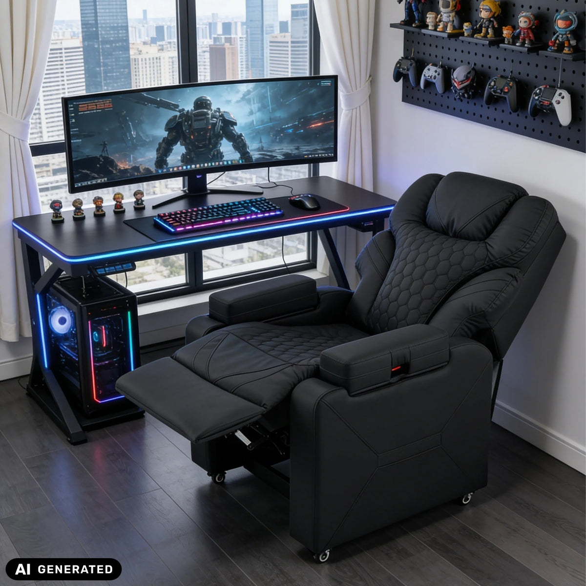 Fauteuil de salon Game Sport RX noir avec repose-pieds déployé devant un bureau gaming de hjh OFFICE (image générée par IA)