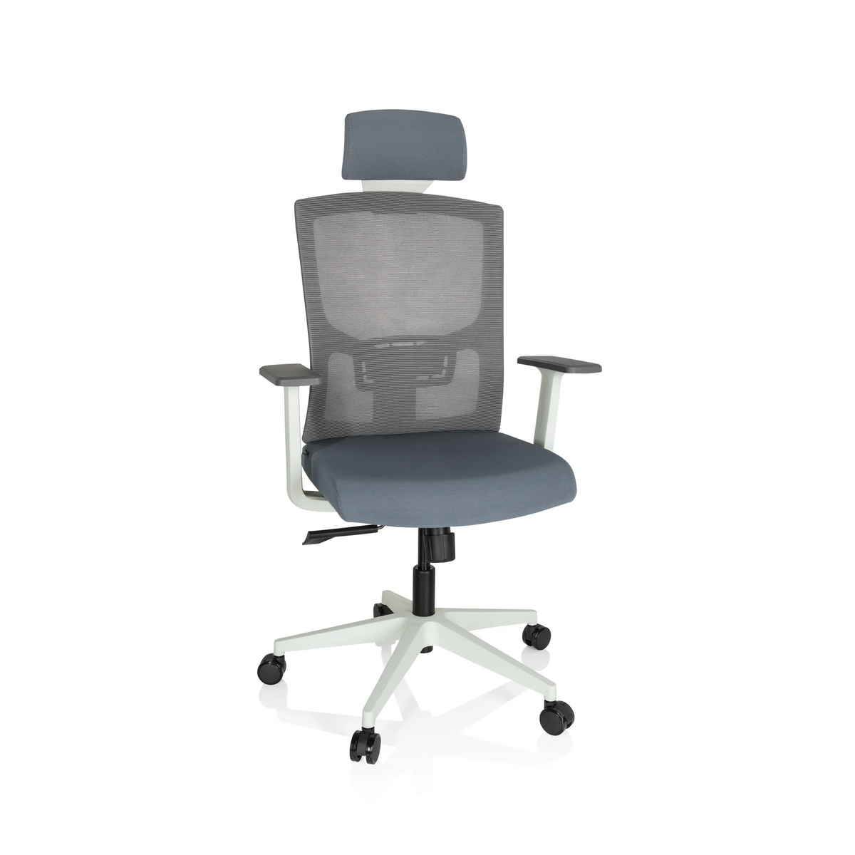 Siège de bureau de qualité professionnelle CAPTIVO BASE W gris, dossier maille, appui-tête et base blanche de hjh OFFICE – vue à 360° (vue de face 20°)