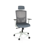Siège de bureau de qualité professionnelle CAPTIVO BASE W gris, dossier maille, appui-tête et base blanche de hjh OFFICE – vue à 360° (vue de face 20°)