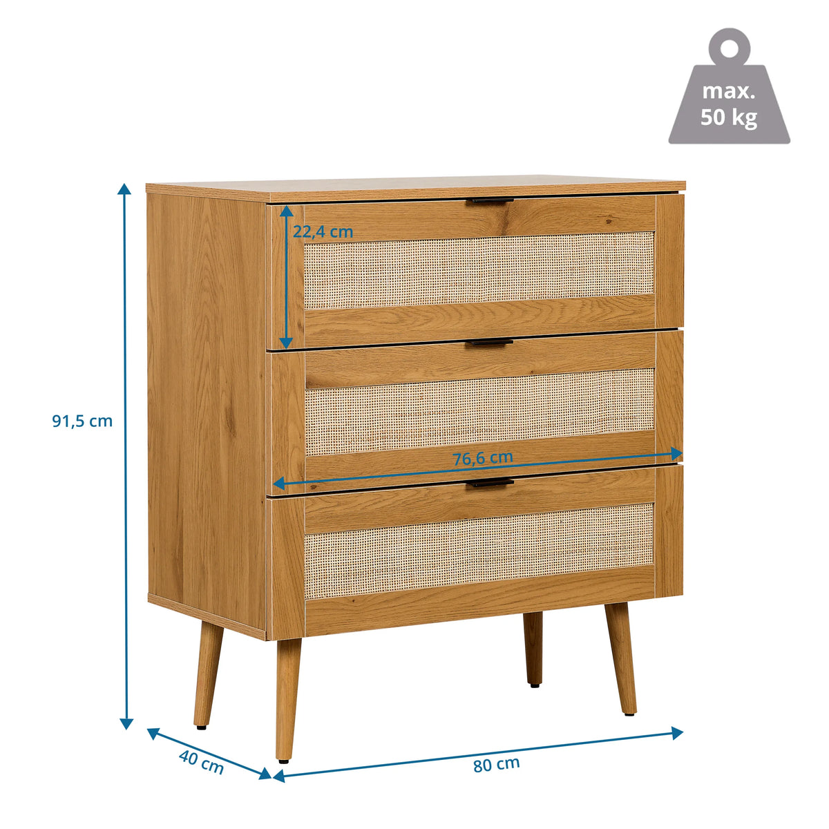 Dessin technique de la Commode BOHEO K de 80 × 40 cm et d'une charge maximale de 50 kg de hjh LIVING