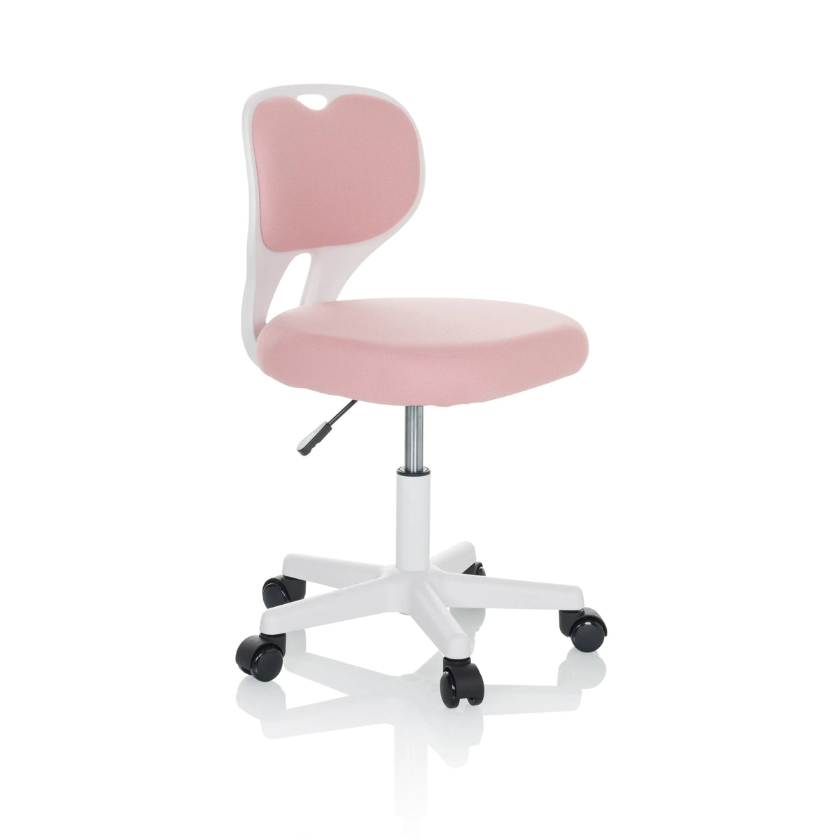 Chaise pivotante pour des enfants KIDDY TOP W rose avec structure blanche et base à cinq roulettes de hjh OFFICE – vue à 360° (vue de trois quarts avant 60°)