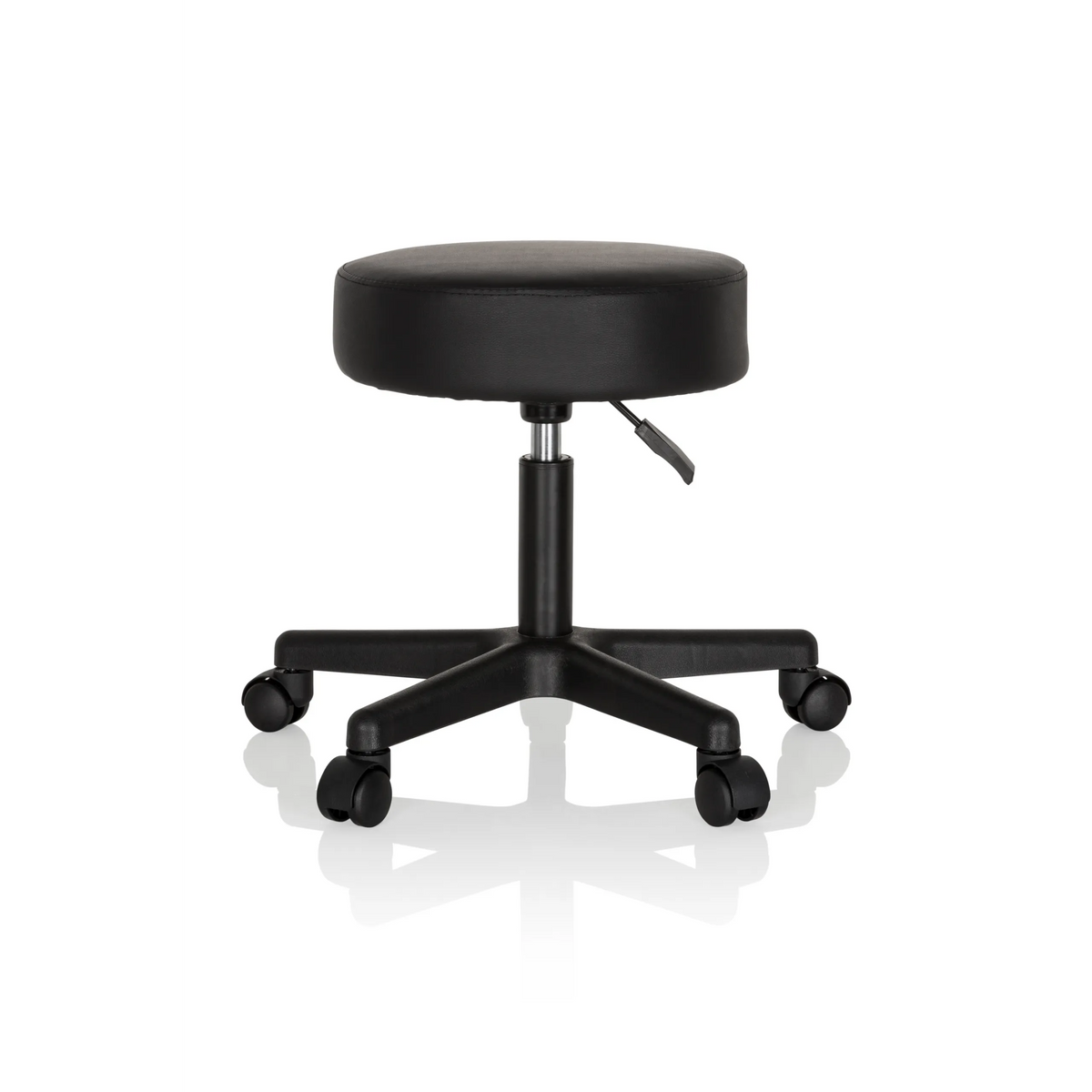 Tabouret pivotant noir OPERATOR I avec assise rembourrée et piètement à cinq roulettes de hjh OFFICE – vue à 360° (vue de face 0°)