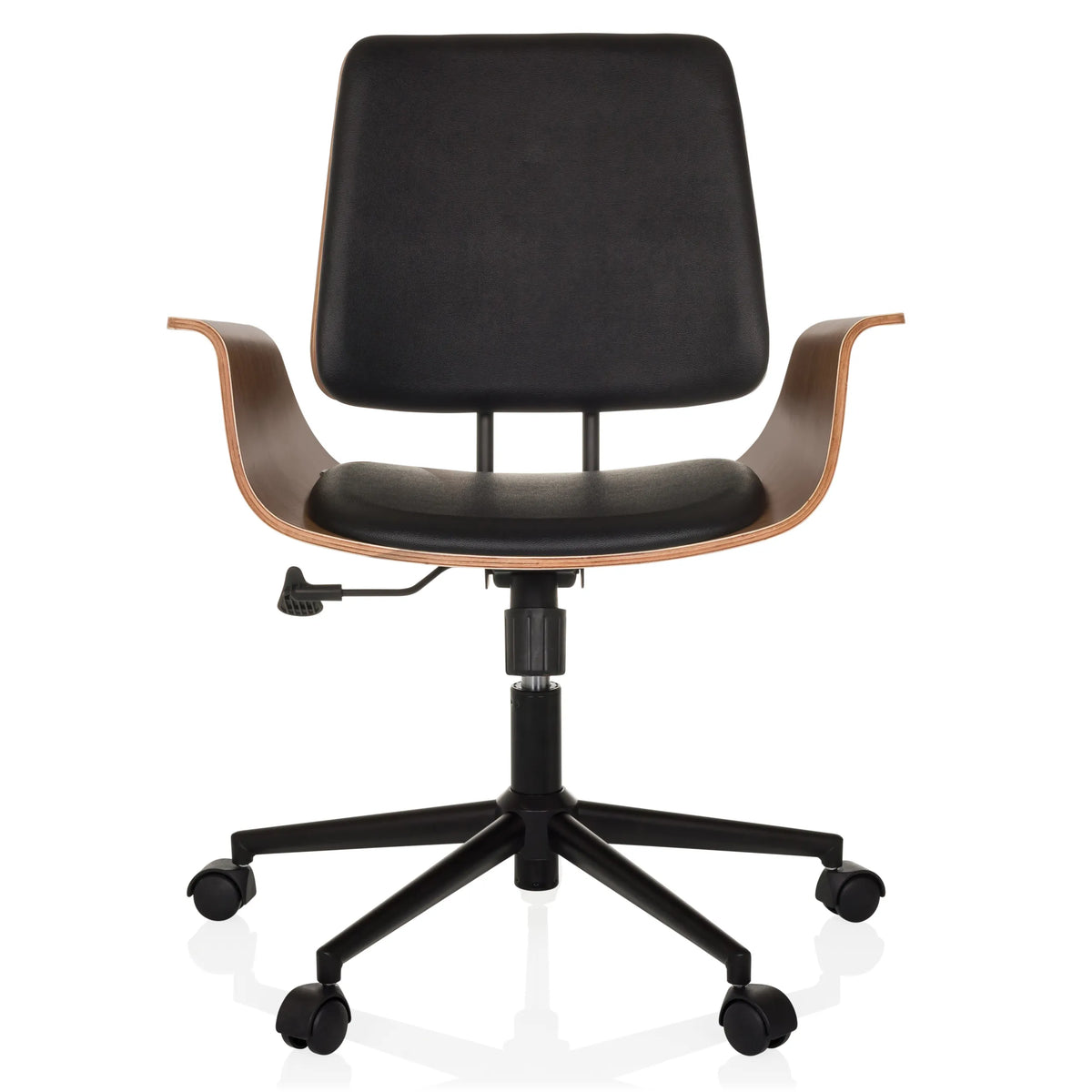 Siège de bureau à domicile CENCA II noir avec coque en bois et piétement à cinq roulettes de hjh LIVING – vue à 360° (vue de face 0°)