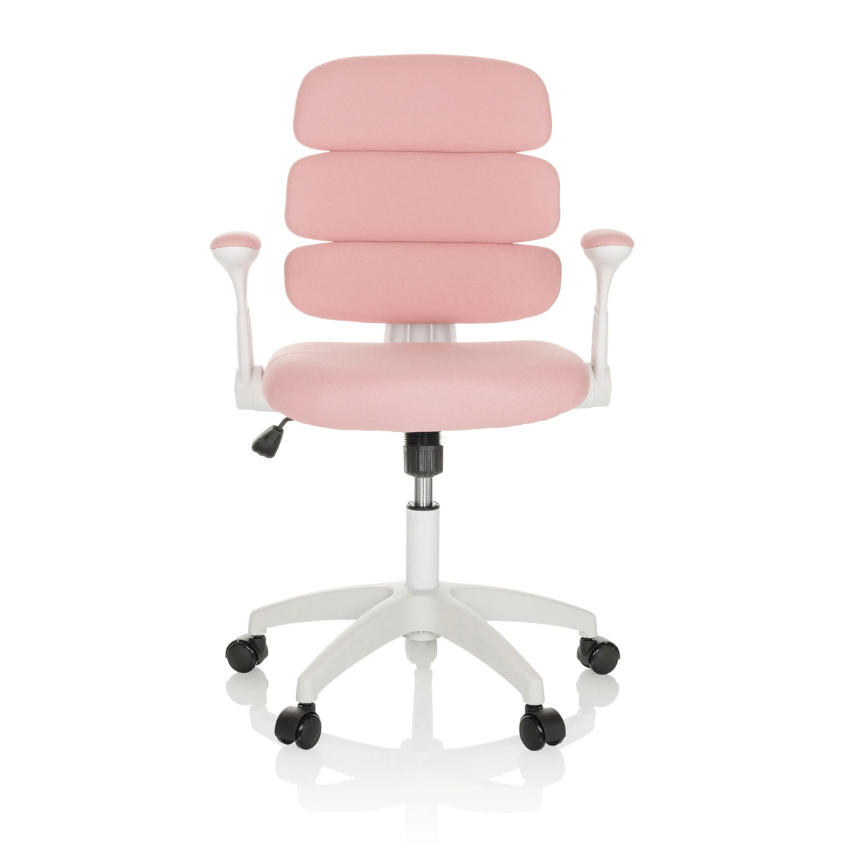 Chaise pivotante pour des enfants KID ERGOLINO W rose avec dossier segmenté et piètement blanc à cinq roulettes de hjh OFFICE – vue à 360° (vue de face 0°)