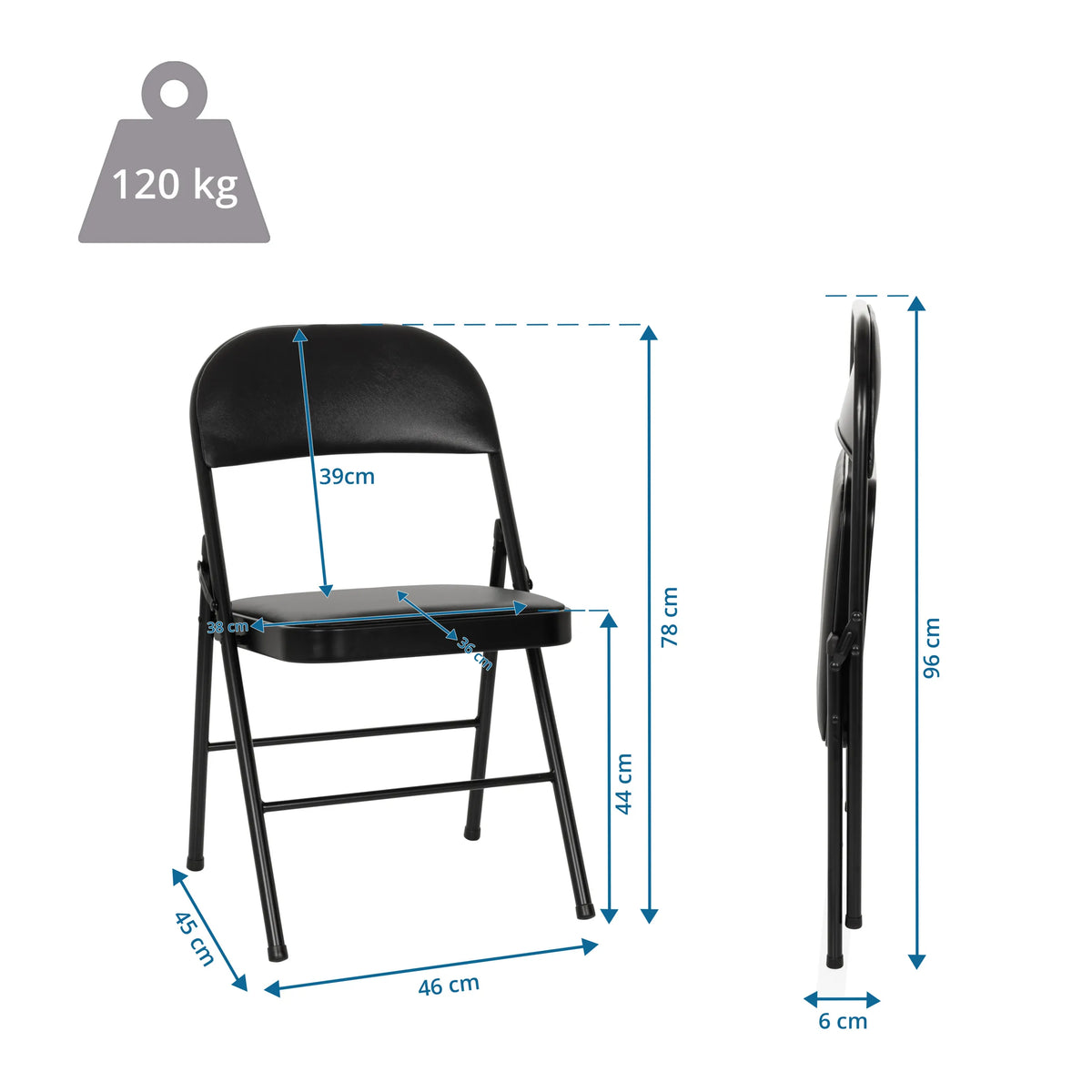 Dessin dimensionnel de la Chaise pliante TUDELA H avec une hauteur totale de 96 cm et une capacité de charge de 120 kg de hjh OFFICE