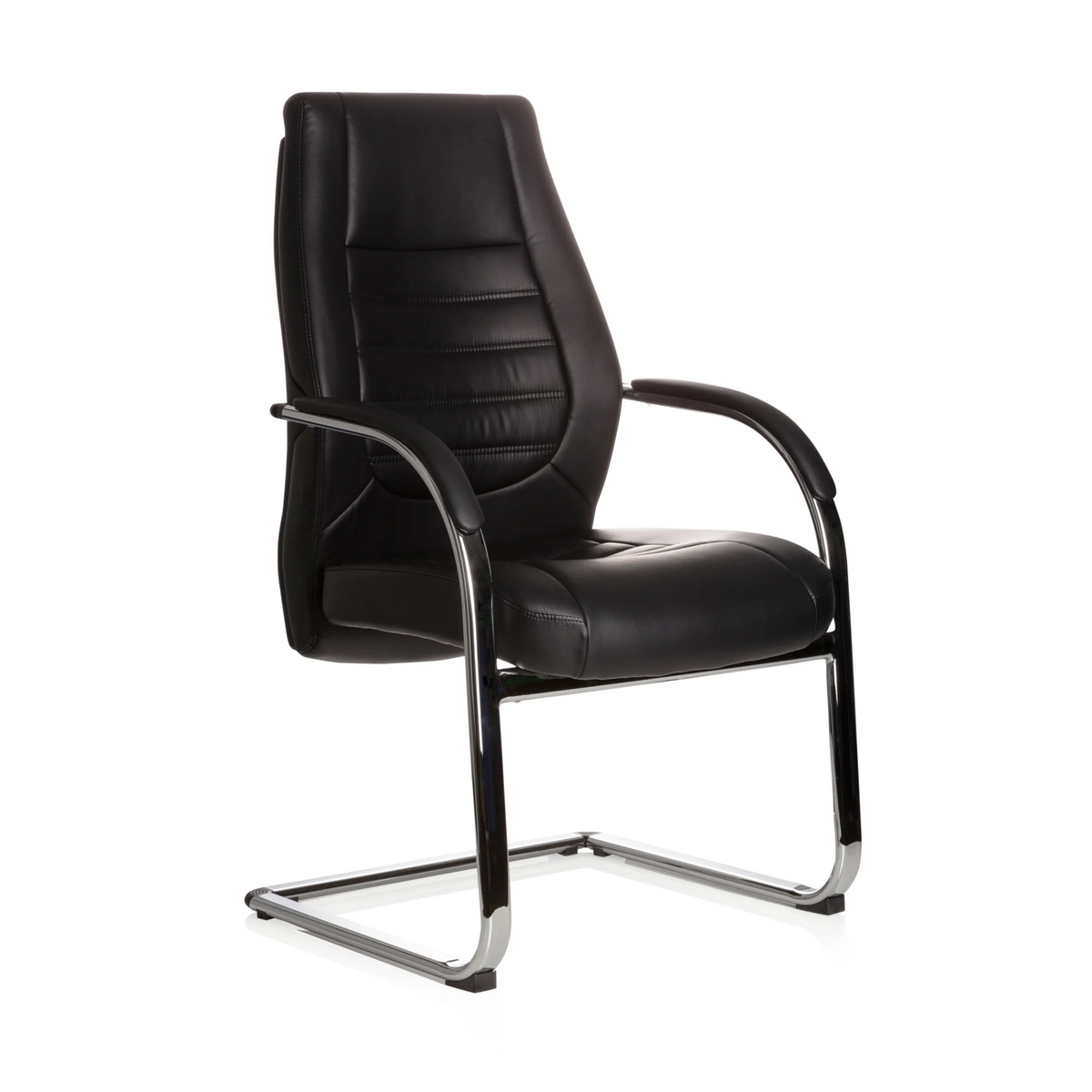 Chaises cantilever VITORO V noires avec accoudoirs et dossier capitonné de hjh OFFICE – vue à 360° (vue de trois quarts avant 40°)