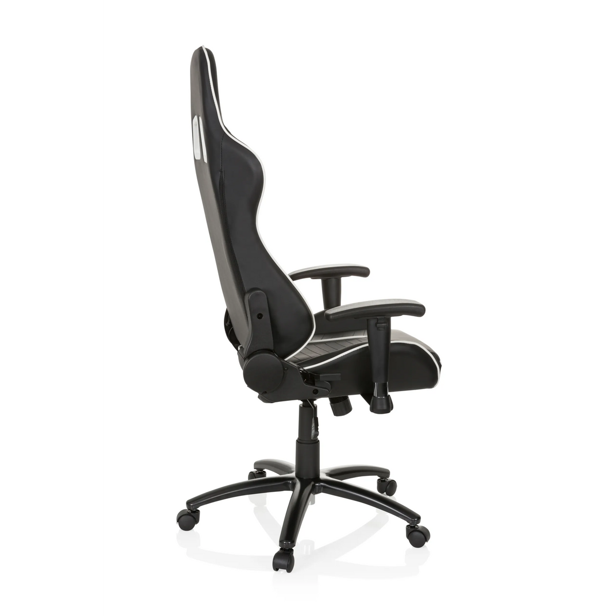 Fauteuil Gamer LEAGUE PRO noir et blanc avec appui-tête et base à cinq roulettes de hjh OFFICE – vue à 360° (vue de profil 100°)
