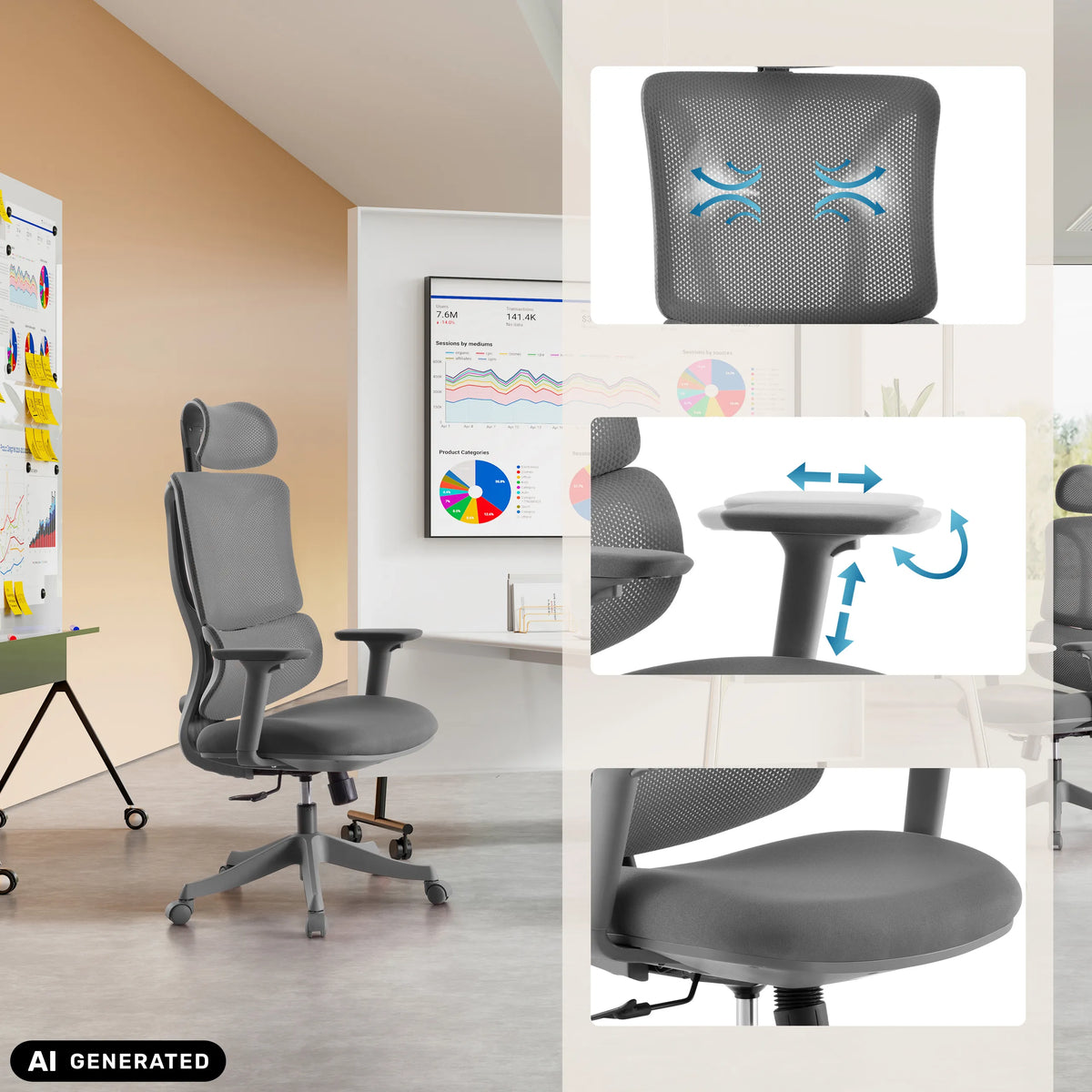 Siège de bureau à domicile Ergomy Colore gris avec dossier en maille et mécanisme réglable de MyBuero (image générée par IA)