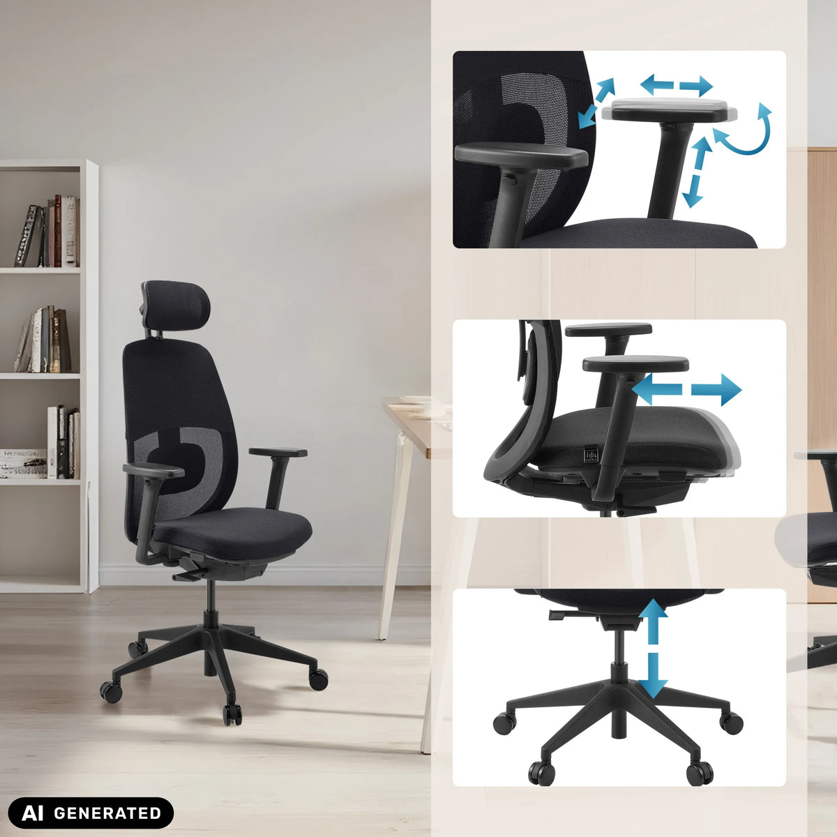 Accoudoirs et hauteur d'assise réglables du siège de bureau de qualité professionnelle Skandis Pro de hjh OFFICE (image générée par IA)