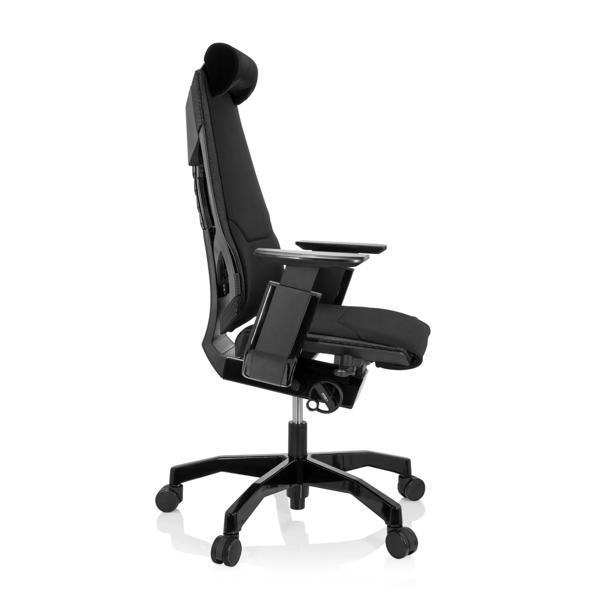 Siège de bureau haut de gamme GENIDIA BLACK noir avec revêtement en tissu et piètement à cinq roulettes de hjh OFFICE – vue à 360° (vue de profil 80°)