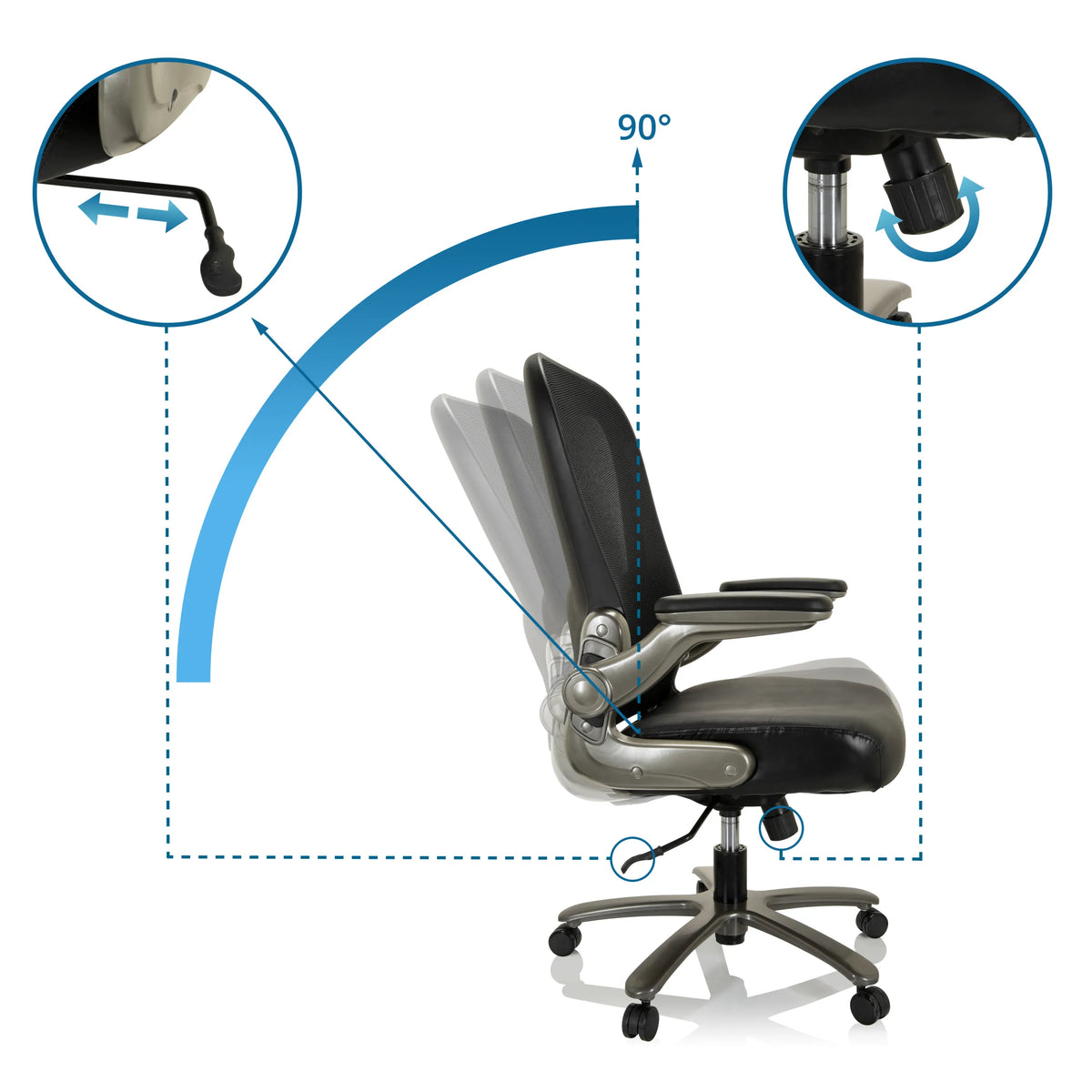 Dossier réglable avec un angle d'inclinaison de 90° du Siège pivotant XXL INSTRUCTOR T I de hjh OFFICE