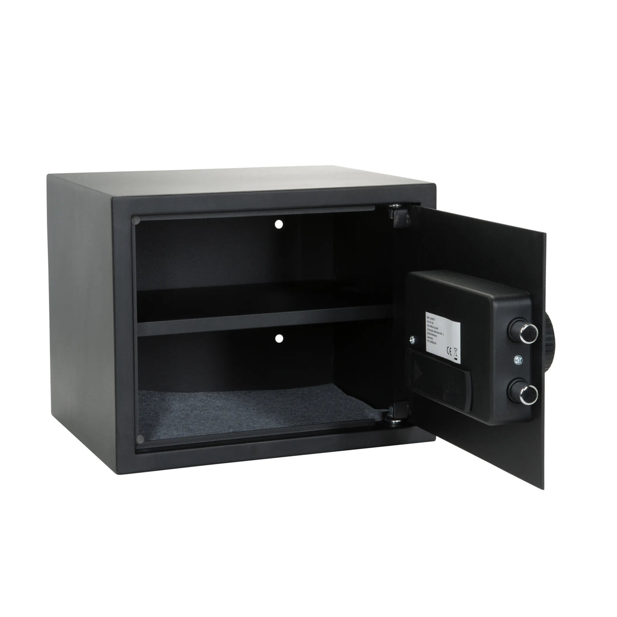 Coffre-fort noir SAFE COMPACT avec clavier numérique et poignée rotative de hjh OFFICE – vue à 360° (vue de trois quarts arrière 240°)