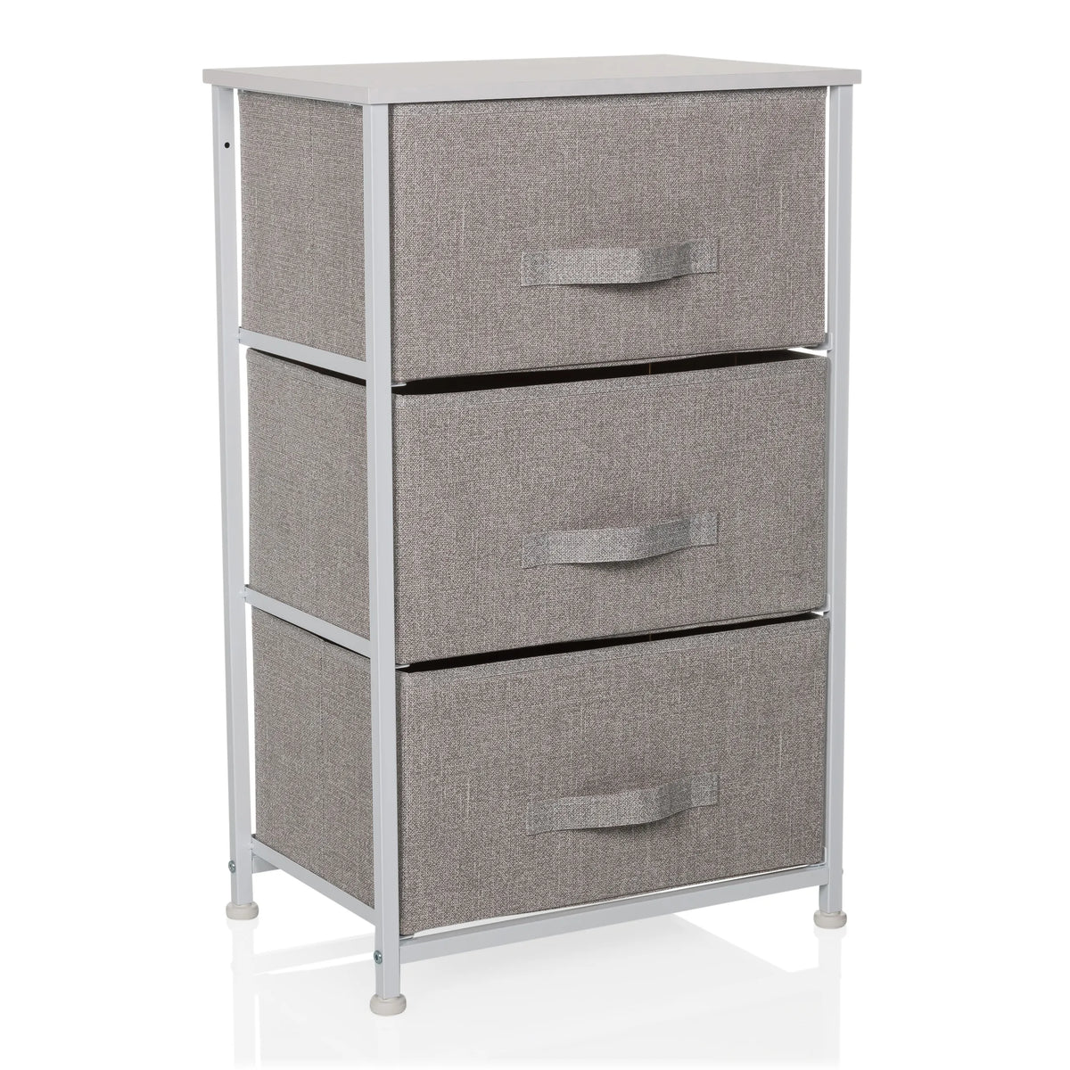 Commode grise FOLDRESS M avec trois tiroirs en tissu et structure blanche de hjh LIVING – vue à 360° (vue de trois quarts avant 30°)