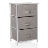 Commode grise FOLDRESS M avec trois tiroirs en tissu et structure blanche de hjh LIVING – vue à 360° (vue de trois quarts avant 30°)