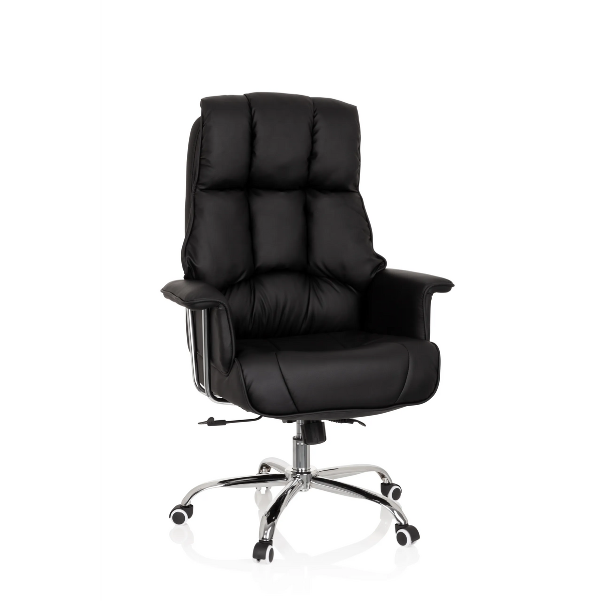 Siège de direction de qualité professionnelle COMMANDER noir avec revêtement matelassé et pied à cinq roulettes de hjh OFFICE – vue à 360° (vue de face 20°)