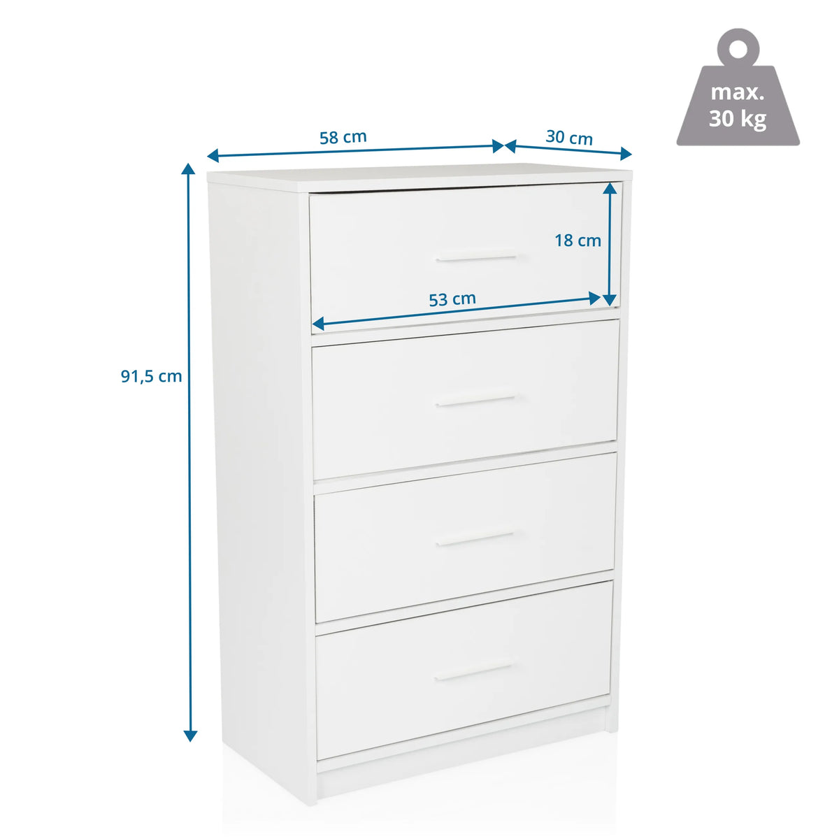Dessin coté de la Commode ESTORIA d'une hauteur de 91,5 cm et d'une largeur de 58 cm de hjh LIVING